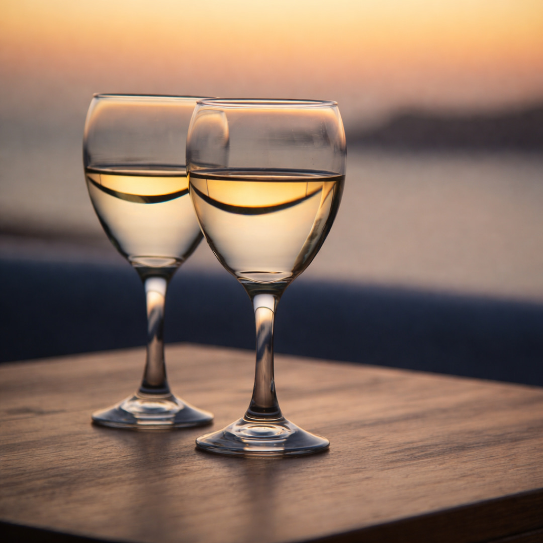 Wine glasses glowing at sunset over Santorini caldera