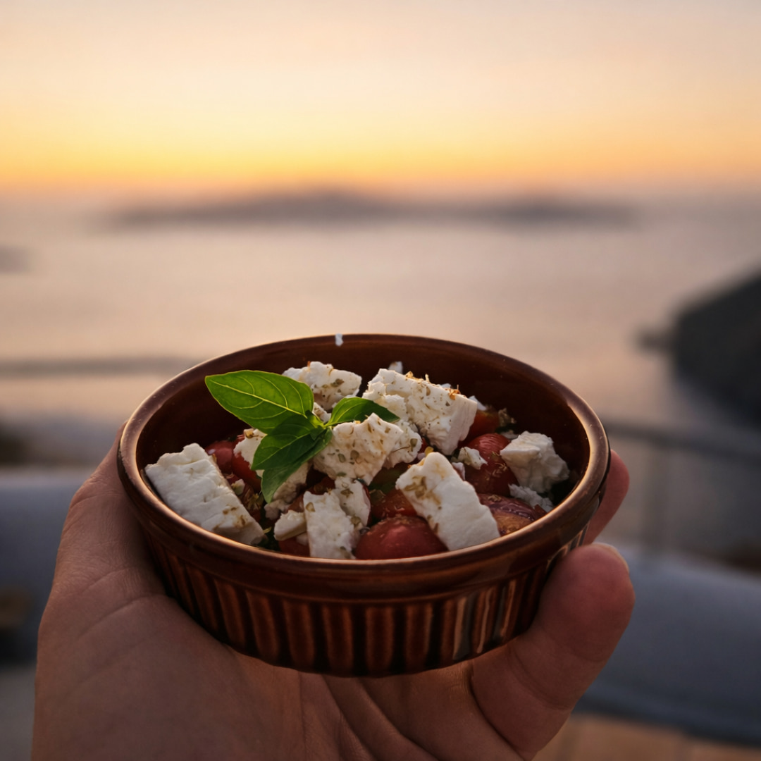 Traditional Greek salad with feta cheese overlooking the sea