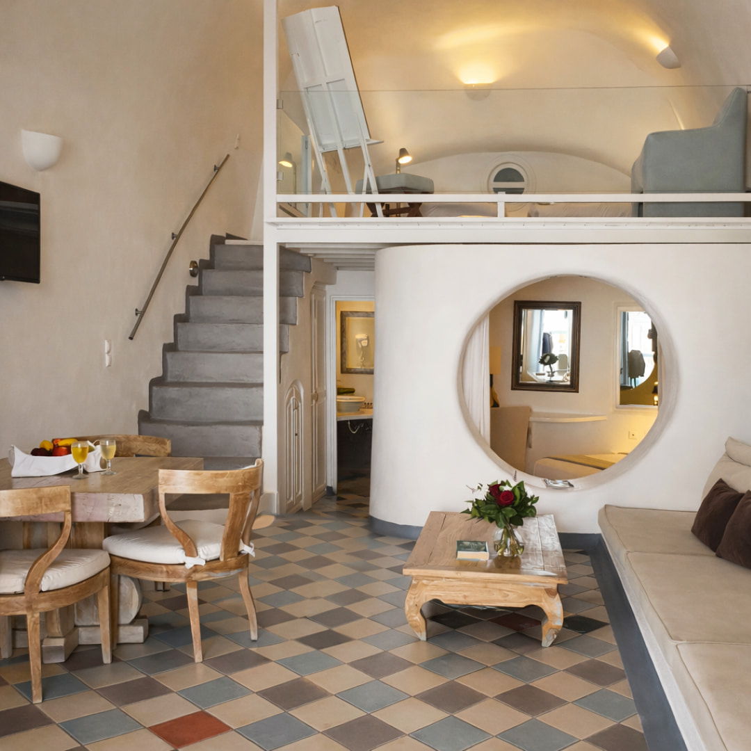 Cycladic suite interior with staircase and lounge area in Santorini